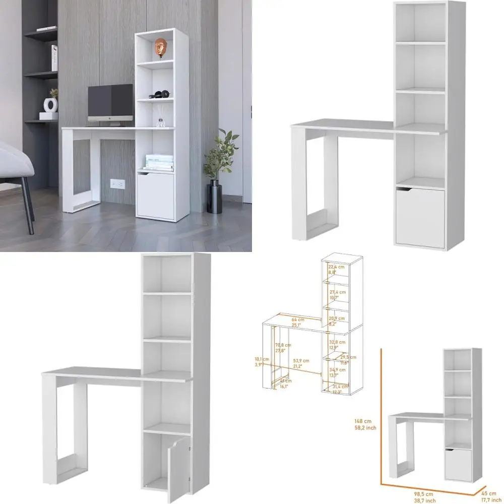 White Anson 4-Tier Bookshelf and Single-Door Cabinet Computer Desk with Ample Storage