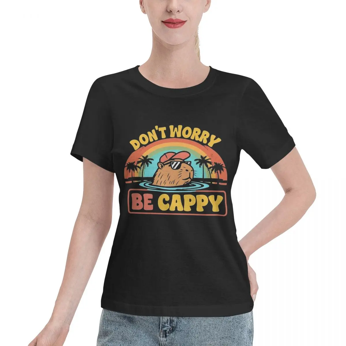 

Embrace The Capybara Craze Don't Worry Be Cappy T-Shirt Women Short Sleeve T Shirts Round Neck Clothing Cotton Summer