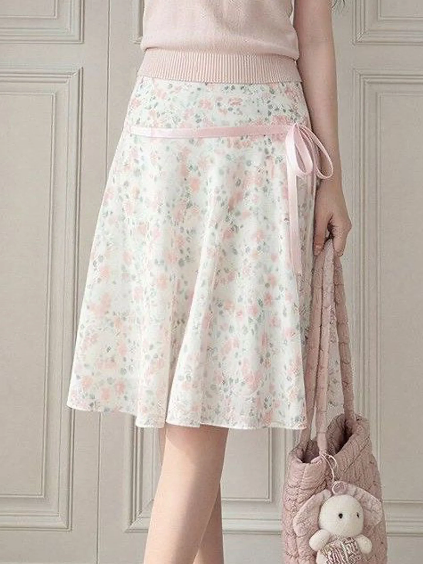 Sweet Floral A-Line  Skirt Women's High Waist Slimming Chiffon Print Belted Pink Short Skirt Korean Style Casual Wear