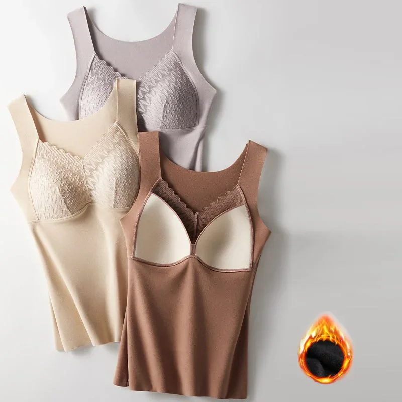 Thermal Underwear Velvet Vest Winter Women’s Simple Solid with Chest Pad Camisole Slim Warm Sling Vest Female Thermal Underwear