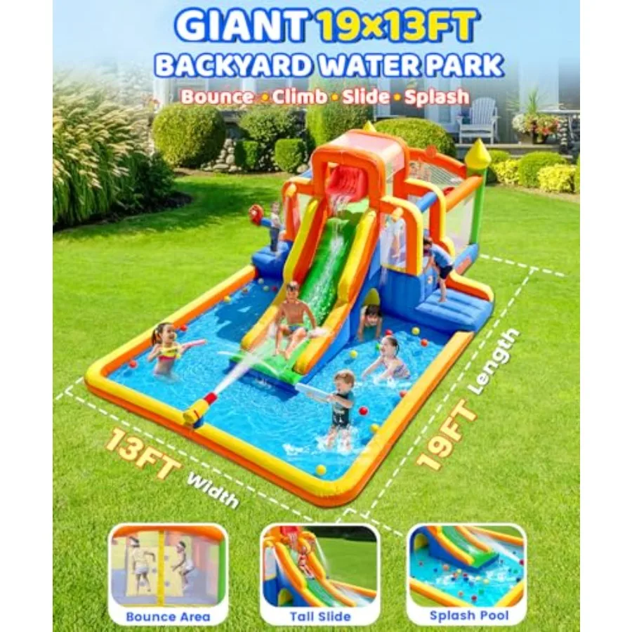 19×13FT Giant Water Slide Bounce House for Big Kids 3-12, Inflatable Water Park with Tall Slide, Huge Splash Pool, 3 Climbing Routes, Water Cannon & Sprayers, Kids Backyard Party