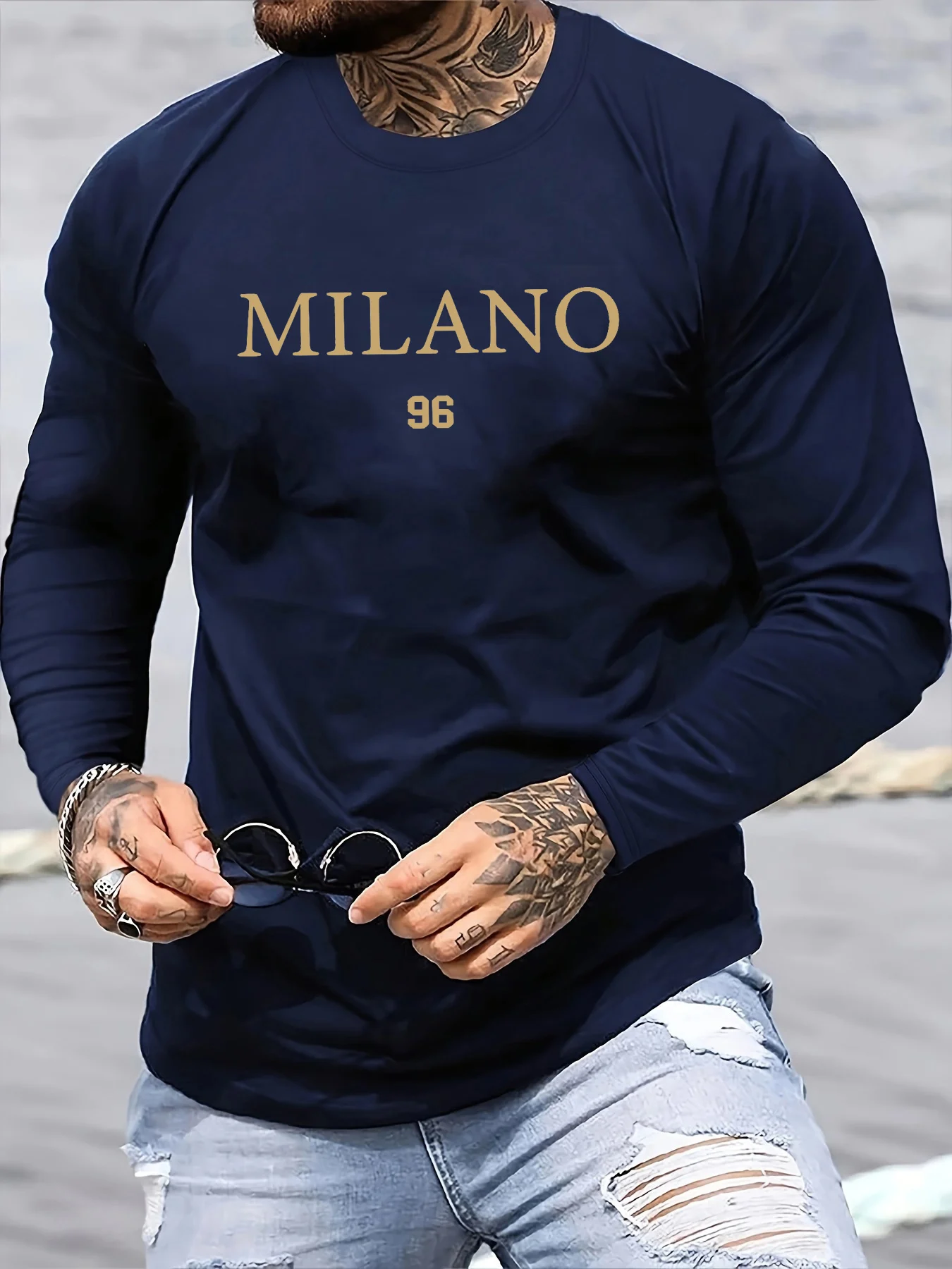 Men's Basic Loose And Comfortable Casual Sports Milano 96 Letter Printed Round Neck Sports Long Sleeved T-shirt Top