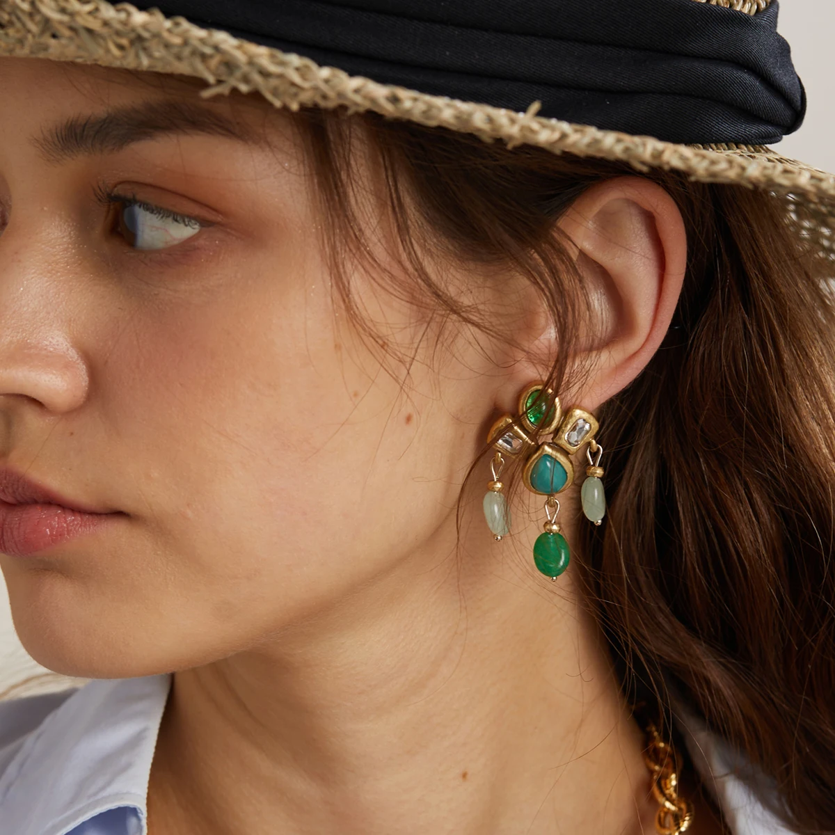 Gothic Vintage Drop Dangle Earrings for Woman Tassels Water Droplets Natural Green Stone Gold Color Antique Jewelry Designer New