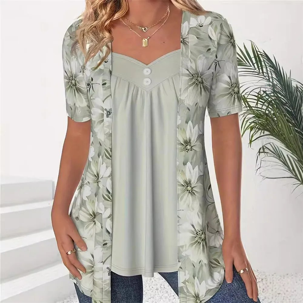 2024 New Women T Shirts Fashion Elegant Lady Fake Two Pieces Flower Print Shirts Casual Short Sleeve Button Loose Tops Plus Size