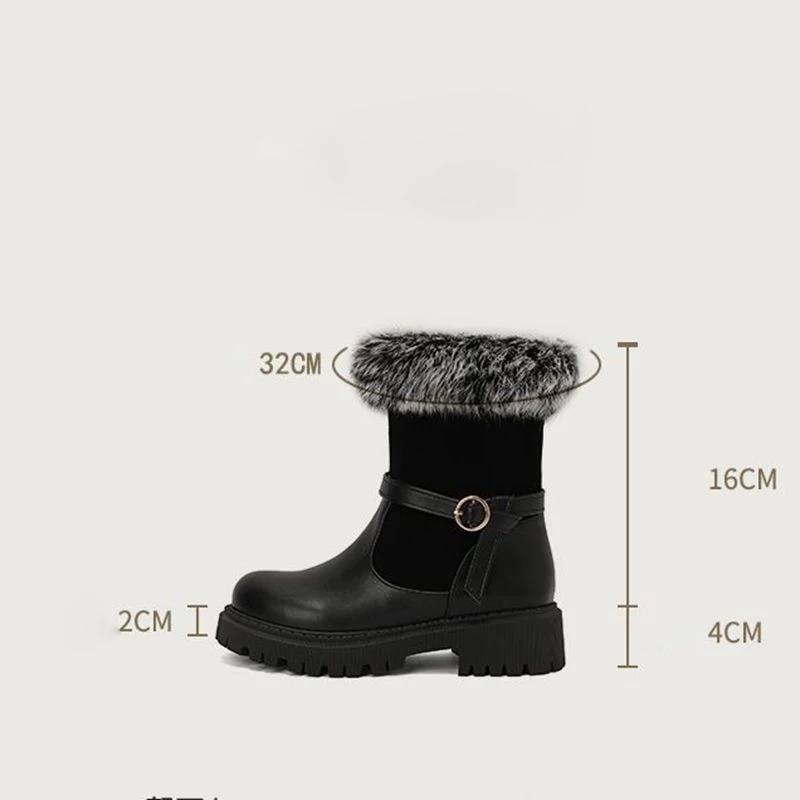 

ORCHA LISA Women's Ankle Snow Boots Round Toe 4cm Block Heel Slip On Belt Buckle Spliced Rabbit Fur Size 42-43 Warm Winter