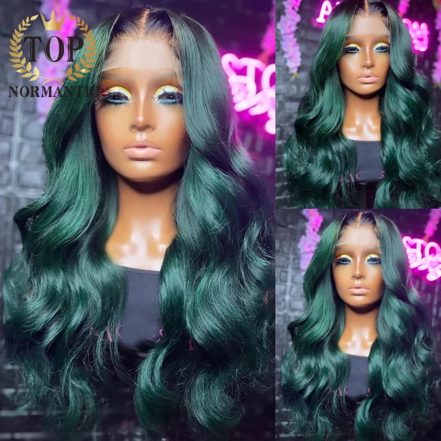 Topnormantic Ombre Green Color Body Wave Wig with Preplucked Hairline 13x6 Lace Front Remy Brazilian Human Hair Wig for Women