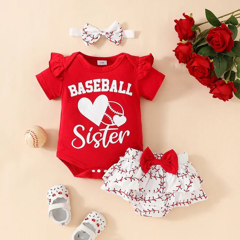 

Newborn Baby Girl Baseball Clothes Little Sister Biggest Fan Romper Short Sleeve Top Shorts Headband Set 3Pcs Outfit