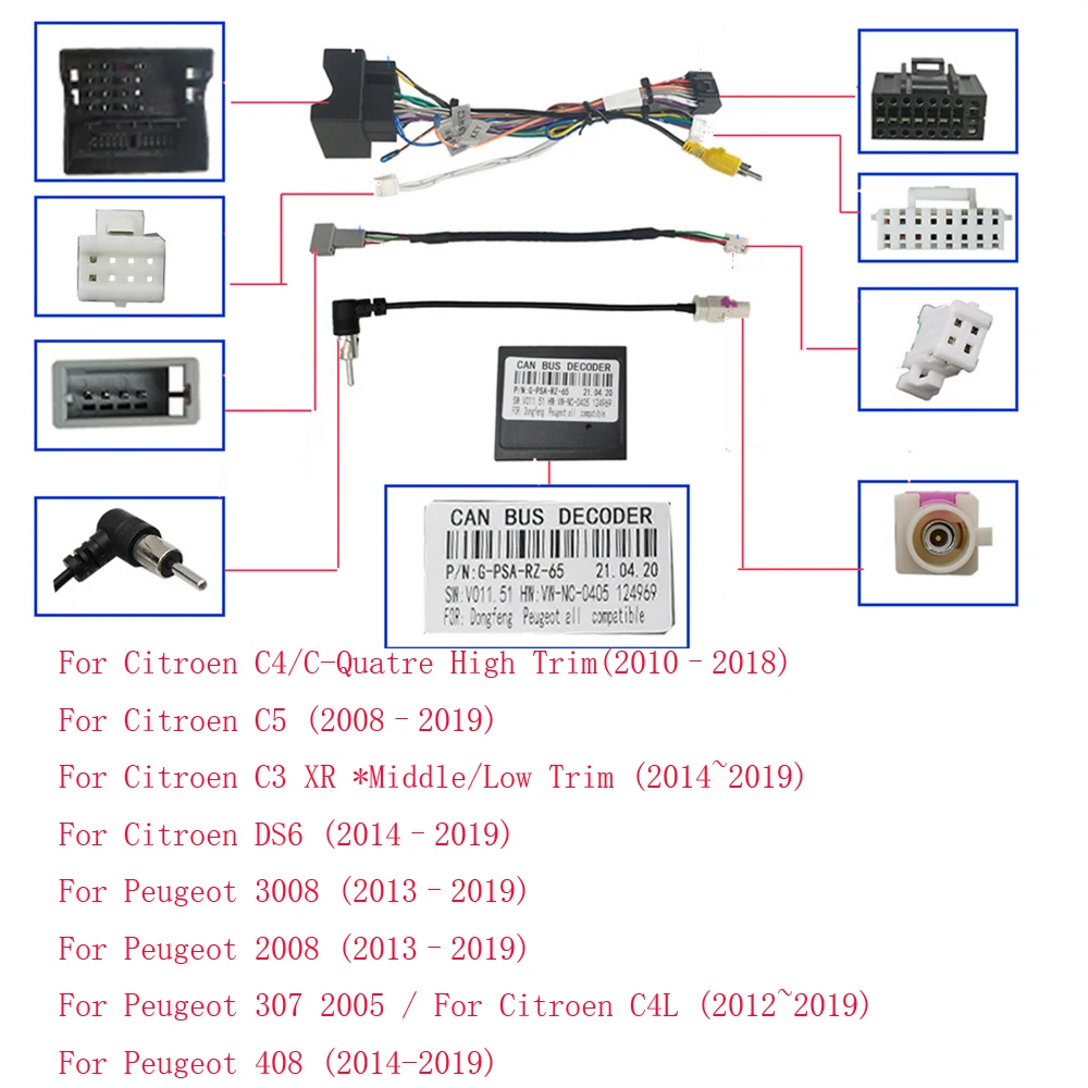 WQLSK 16-pin Car Android Stereo Wiring Harness CANBUS For Peugeot 3008/2008/Citroen C4/C-Quatre/C4L/C3 XR/C5/DS6