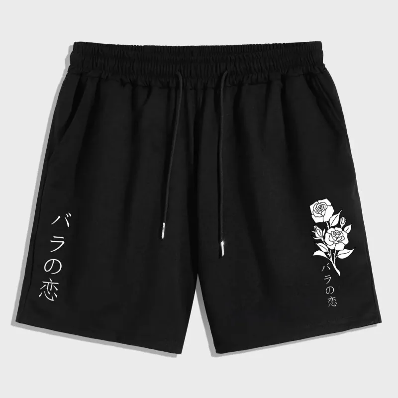 Japanese Rose Printed Casual Shorts, Summer Casual Home and Outdoor Jogging Sports Breathable Quick Drying Printed Bottom Pants
