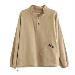 Autumn Korean Fashion New Sports Chic Vintage Casual Shirt Women Young Style Solid Color Long Sleeve High Neck Pocket Button Top