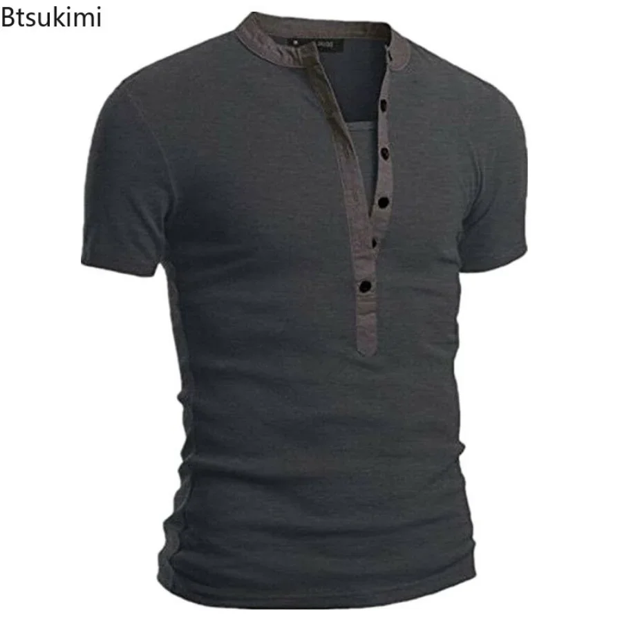 2024 Men\'s Summer Casual Shirts Solid V-neck Button Slim Fit T-Shirts for Men Fashion Short Sleeve Tees Tops Men Clothing S-3XL