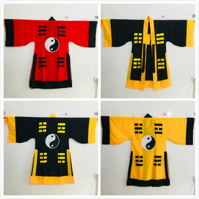 Set Jubah Taoist Berkualitas Tinggi Warna Kuning Kostum Tai Chi Delapan Triams Pakaian Taoist untuk Halloween Dekorasi Rumah dan Perlengkapan