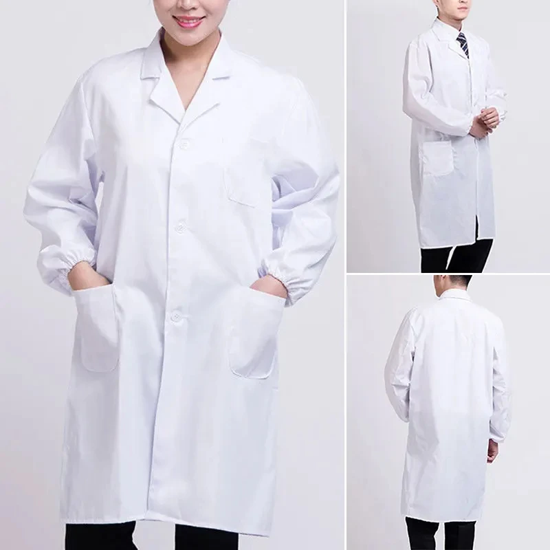 Men's Women's Unisex Long Sleeve White Lab Coat Polka Dot Lapel Button Down Medical Nurse Doctor Uniforms Sweatshirt