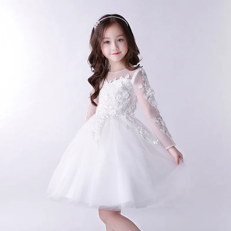 3-14 Years OldWhite Long Flower Girl Wedding Dress Kid Full Sleeve Elegant Vestido 4 6 8 10 12 14 Years Old Girls Clothes 184065