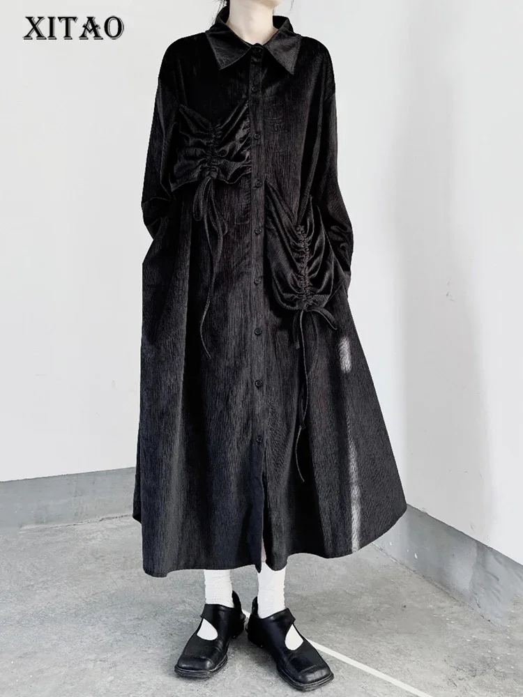

XITAO A-line Casual Solid Color Turn-down Collar Long Sleeve Dress Draw Rope New Single Breasted Spring Women Dress GMM1064