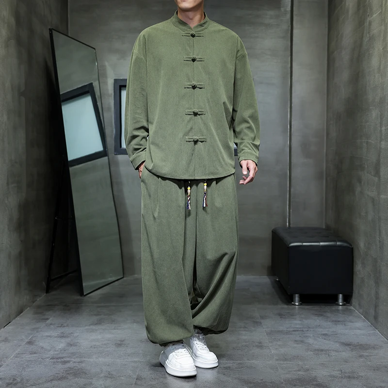（Coats +Pants）Corduroy Two piece set Mens Chinese Style New Tang Suit Men Jacket Comfortable Casual Loose Retro Tai Chi Trousers