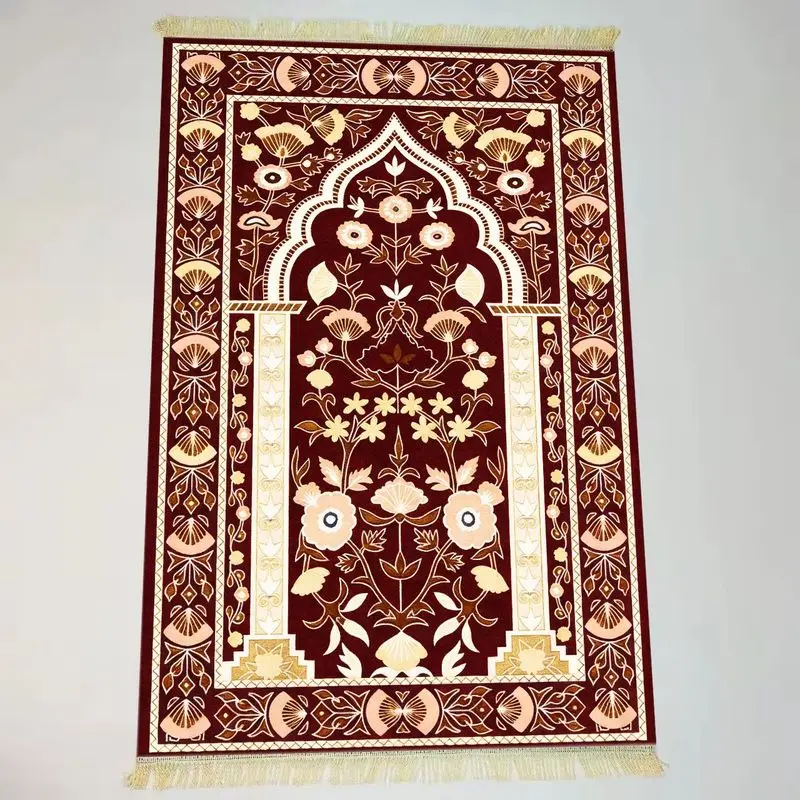 VIKAMA Burgundy Floral Arch Tassel Prayer Rug, Portable Lightweight Islamic Prayer Mat, Soft Non-Slip Worship Mat for Home Decor