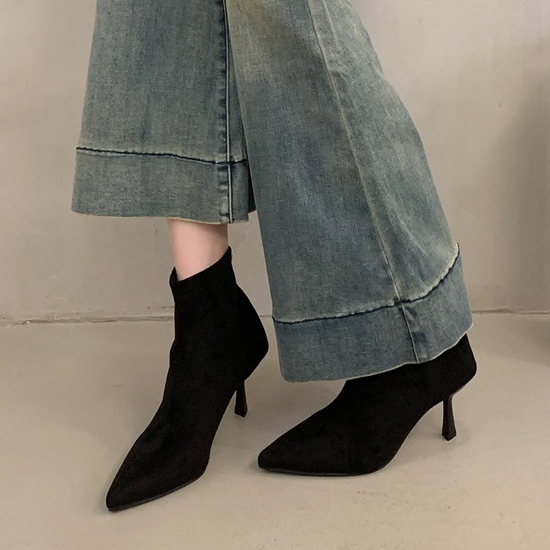 Comemore الخريف أشار تو الجلد المدبوغ النساء حذاء من الجلد مثير رقيقة عالية الكعب الزفاف أحذية الحفلات السيدات أنيقة تمتد الجوارب القصيرة