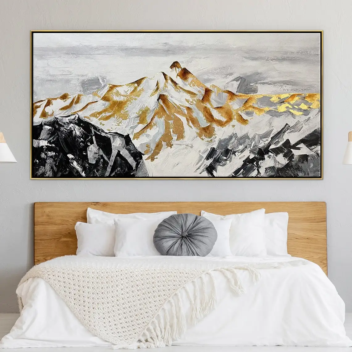 Modern Nordic Golden Snow-Capped Mountain Canvas Wall Art Unframed Horizontal Bedroom Headboard Decor