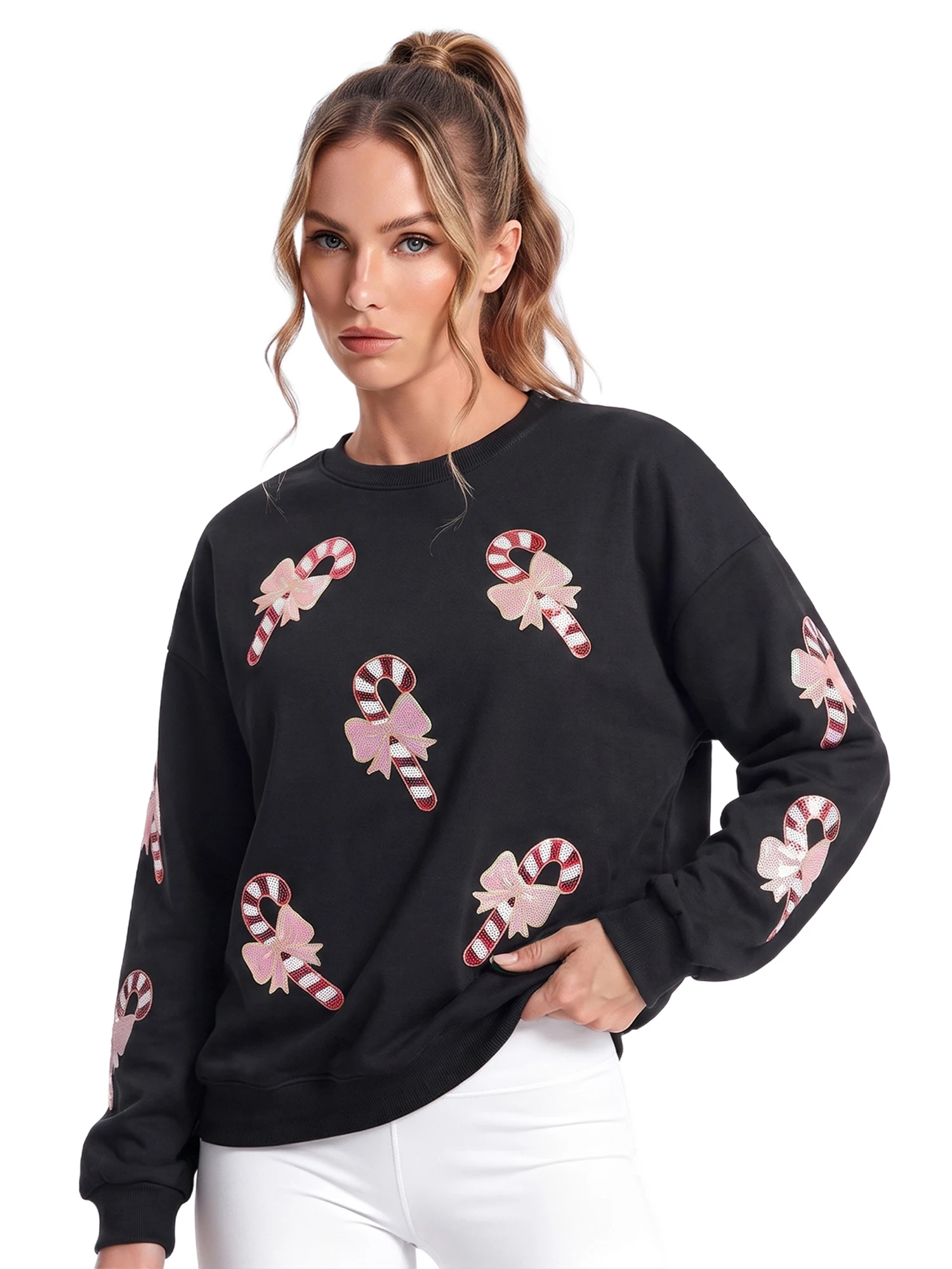 Women Christmas Sweatshirts Cute Sequined Candy Cane Patch Loose Pullovers