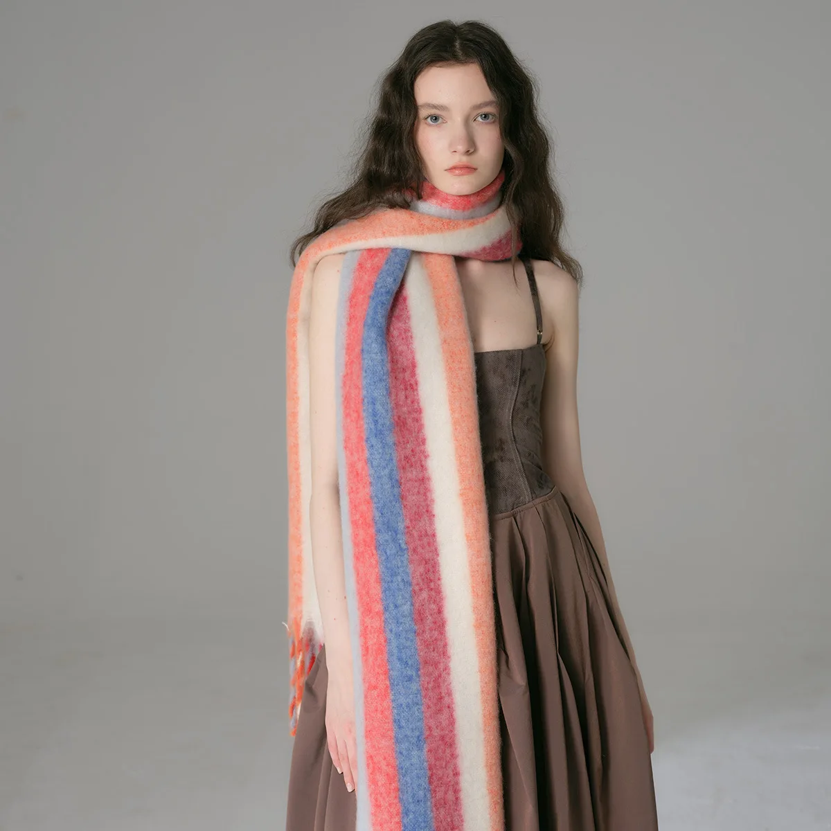 

Fashion Thick Shawls for Women Soft Rainbow Bar Stripe Long Pashmina Shawl with Tessles Muslim Female's Tippet insulation