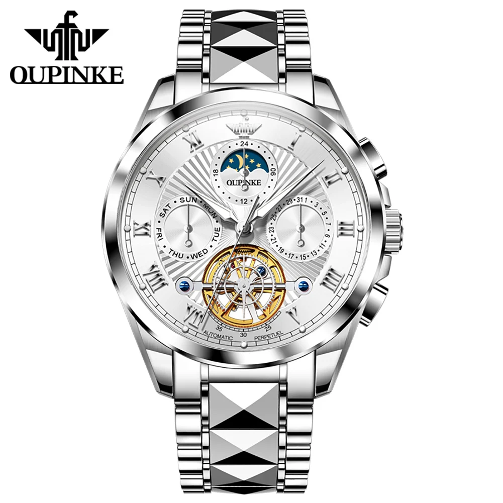 OUPINKE 3322 Mechanical Movement Watch Men Stainless Steel Strap Calendar Window Night Light 50m Waterproof Watch For Men