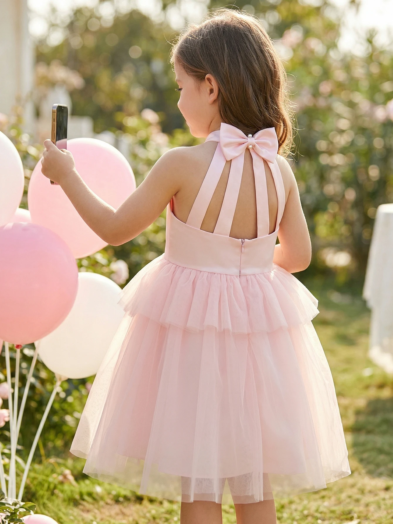 Girls Halter Satin Tulle Dress Kids Wedding Flower Girl Party Layered Tutu Gown