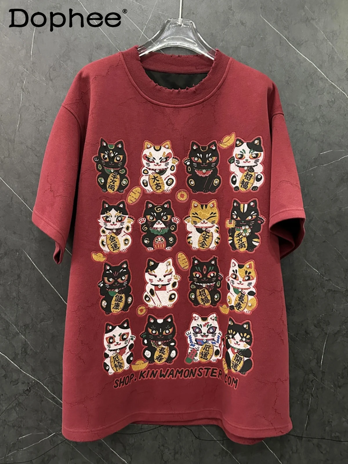 

Autumn and Winter Polished Thickened Lucky Cat Short-sleeved T-shirt Women's 2025 New Year's Festive Loose Medium and Long Top