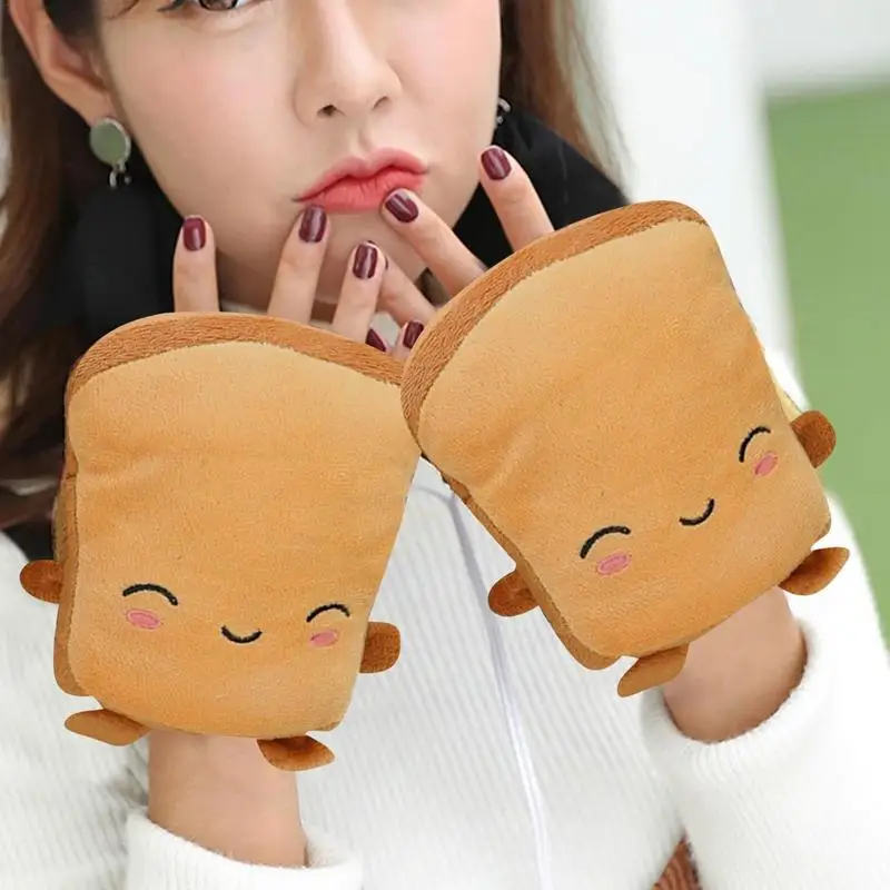 Autumn Winter Gloves Cute Cartoon Panda Toast Shape Gloves USB Warmer Heated Fingerless Hand Warmers New Year Gift