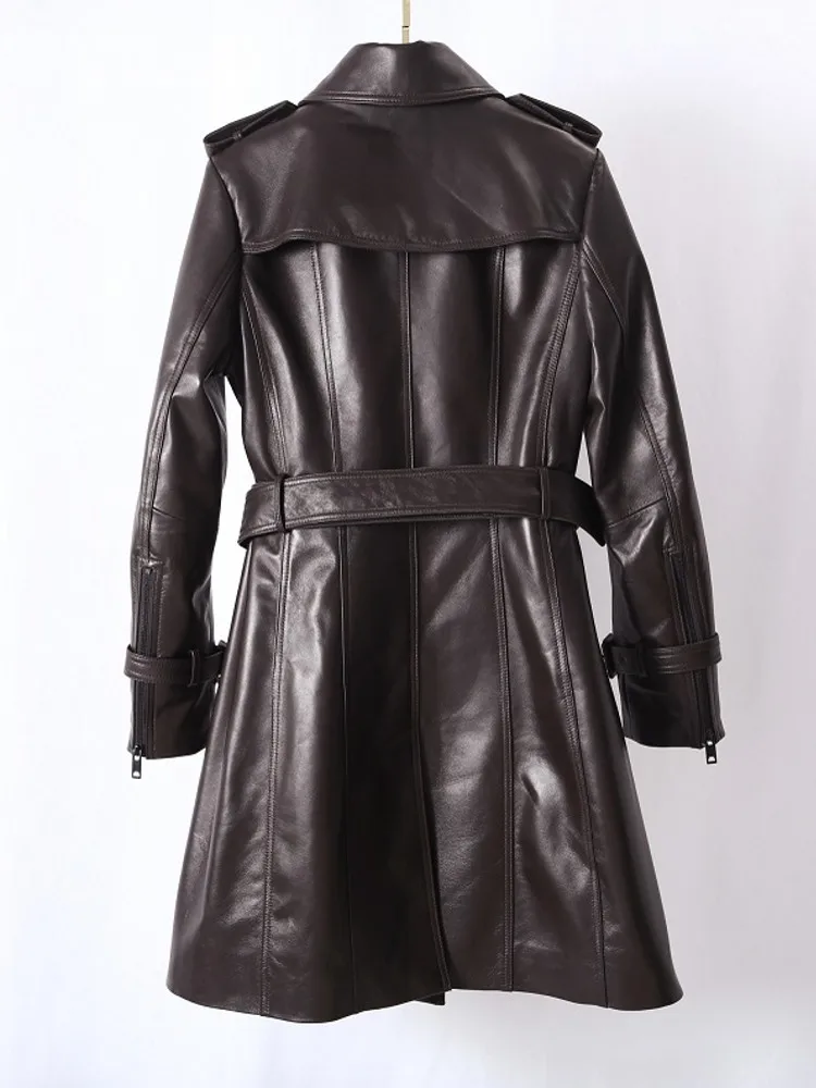 Mulheres com cinto duplo breasted meados longo 100% pele de carneiro jaqueta couro genuíno outono inverno escritório senhoras blusão trench coat