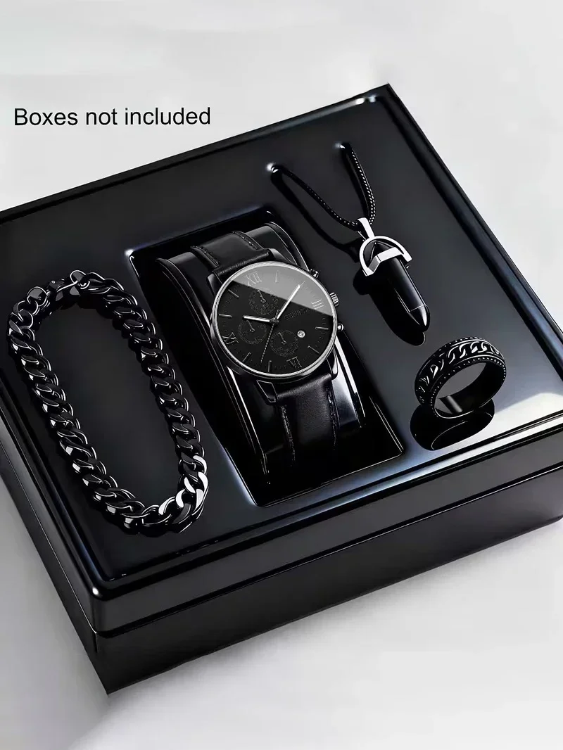 Men's Quartz Watch, with Necklace, Bracelet, Ring, Calendar Function, Fitted Festive Outfit, Does Not Include Box
