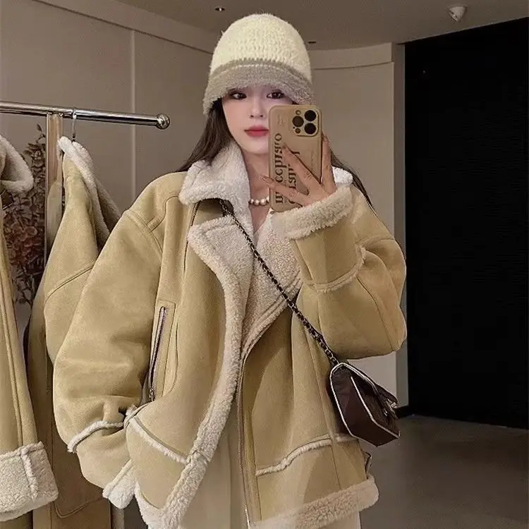 Korea Fur Velvet Padded Zipper Motorcycle Suit Autumn And Winter New Female Korean Version Loose Lamb Fur Coat Lady