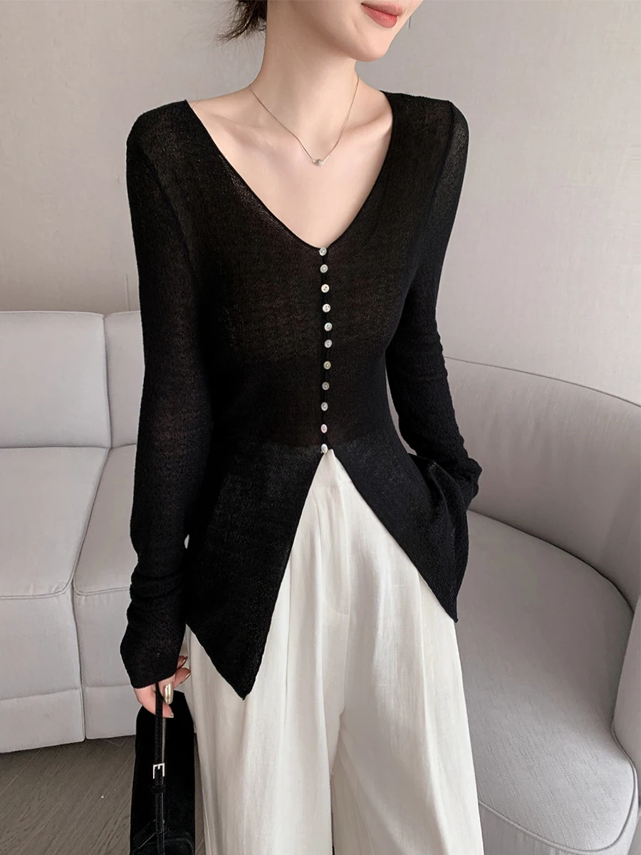 

Bla V-Ne Long Sve Knitted Top Women's Lightweight Faionable Innerwear Spring Autumn New Arrival Commute Sle