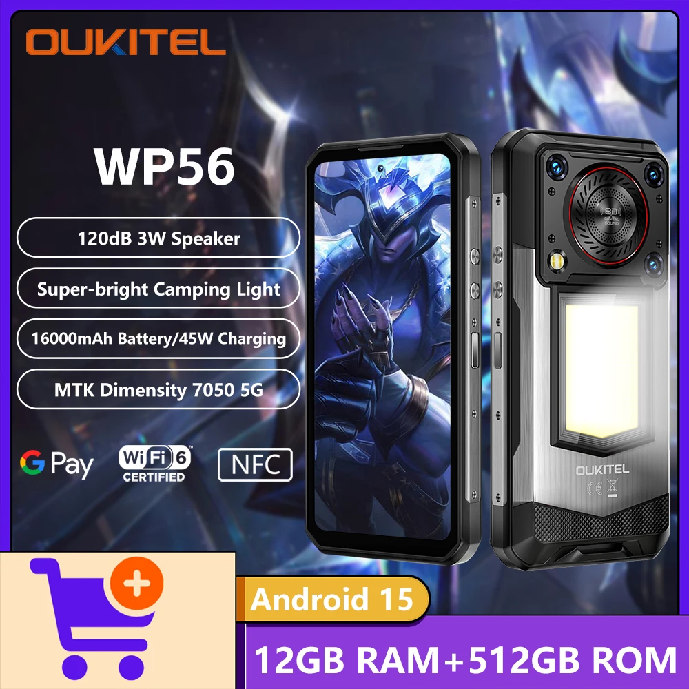 OUKITEL WP56 5G Rugged Phone Camping Light Dimensity 7050 5G 6.8" 120Hz Screen 3W 128dB Speaker 16000mAh 45W Android15 Cellphone