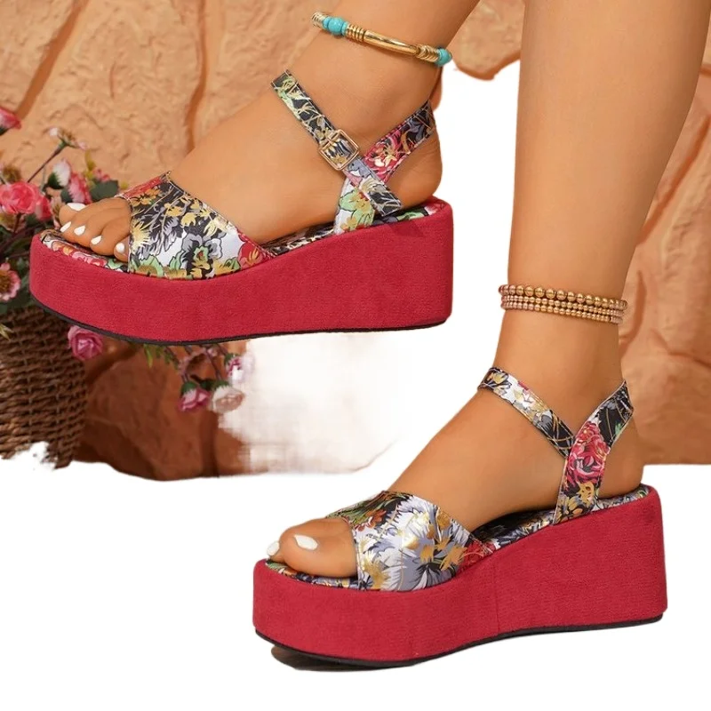 

Женские платформенные сандалии на танкетке, хит продаж, высокое качество, летние, новые, с круглым носком, износостойкие, на высоком каблуке