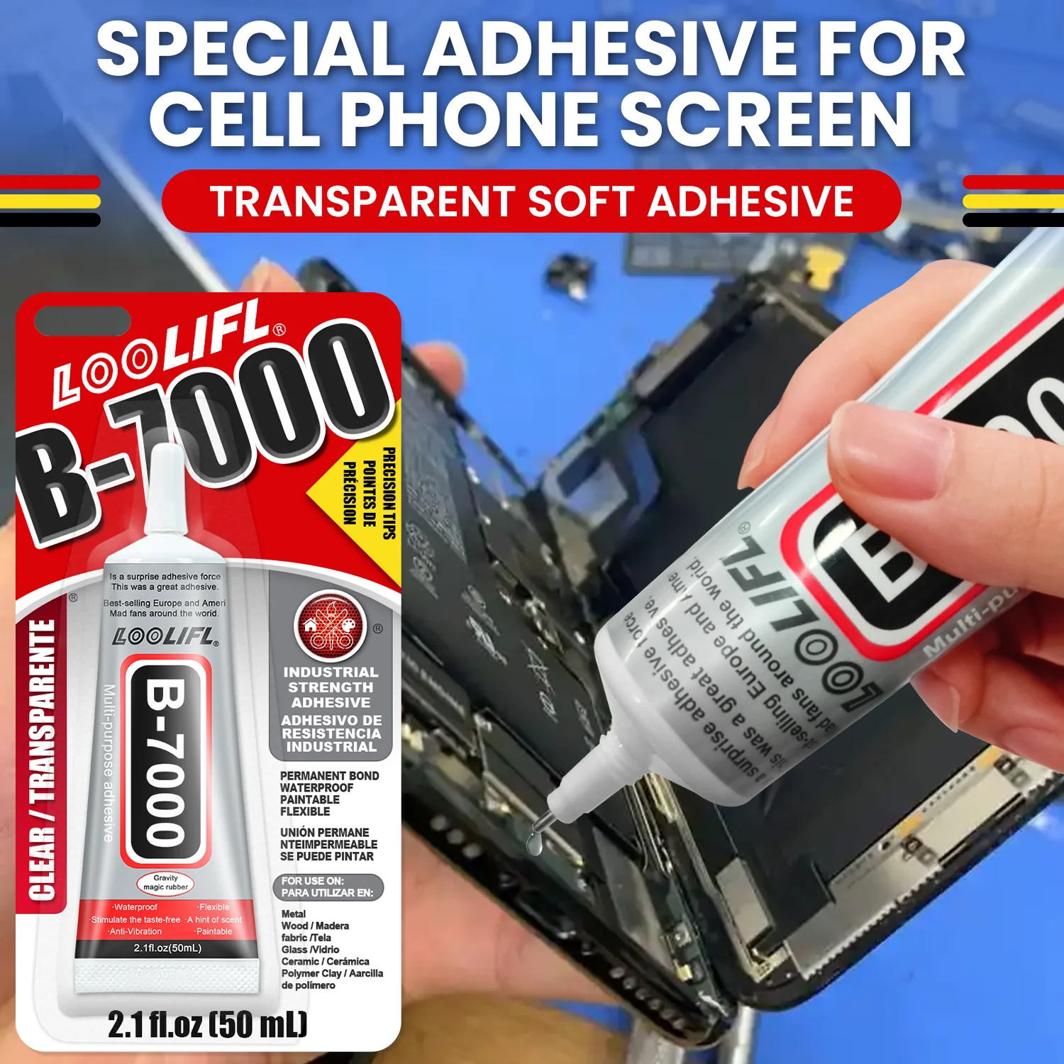 

LOOLIFL- Super B7000 strong glue, waterproof and transparent, with precise nozzle, suitable for mobile phone screen maintenance.