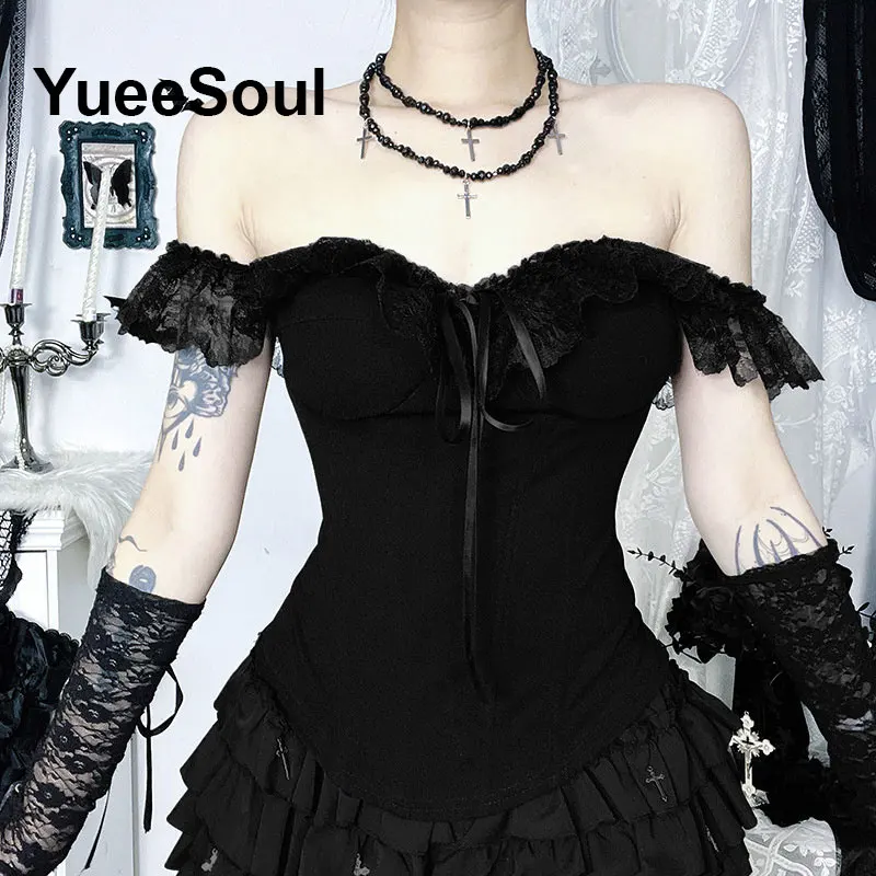 القمم القوطية المحاصيل الأسود السباغيتي حزام شبكة سليم مشد القمم 2025 جديد القوطي الشرير الجرونج الجنية الأساسية مثير Y2K ملابس الهالوين