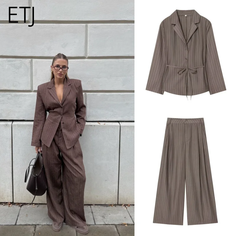 

ETJ 2025 winter new women's wear with shoulder pads and thin waist belt light suit jacket & loose version of casual pants
