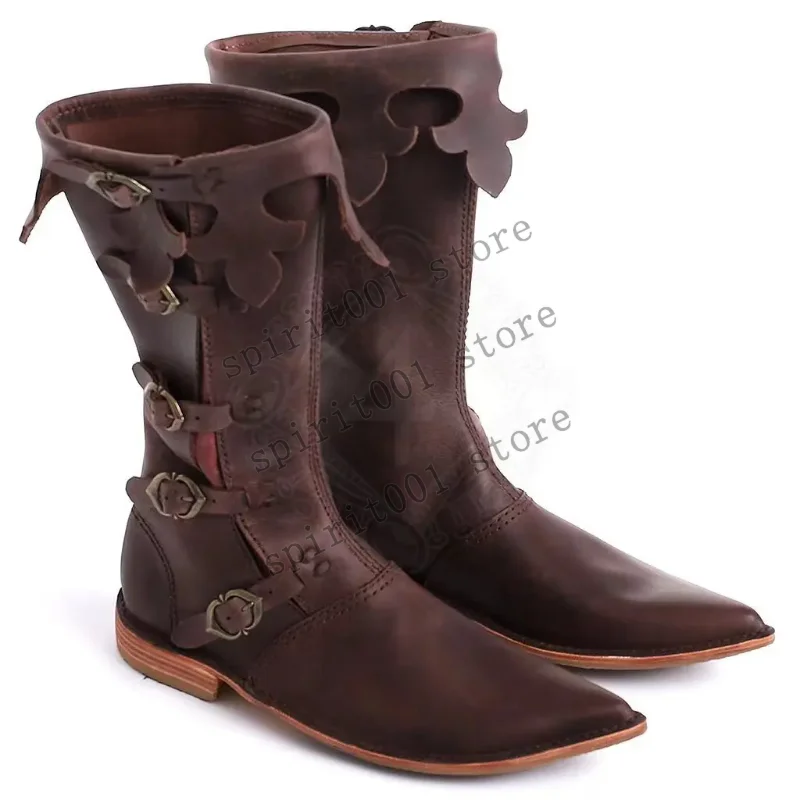 Men's Medieval Renaissance Pirate  BootsCostume Viking Gothic Leather Boots High Tube Pointed Toe Shoes for Halloween Cosplay