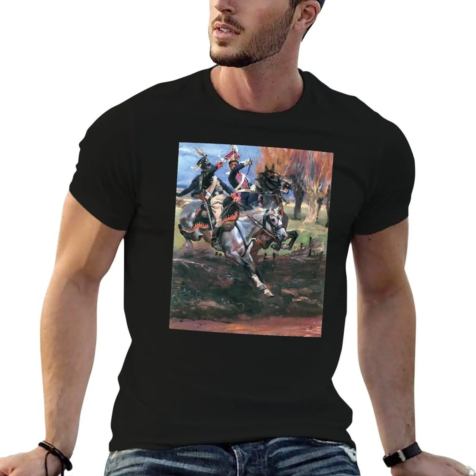 

Polish Chevau-léger and Prussian Hussar in Combat by Wojciech Kossak T-Shirt man t shirt cotton T-Shirt