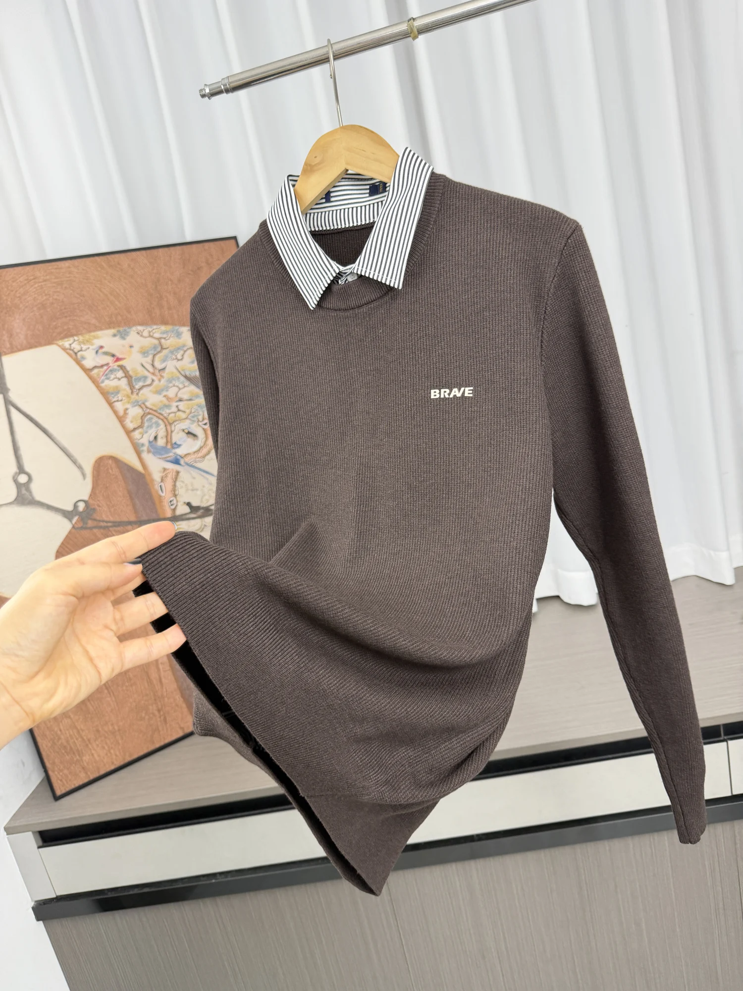 Thick Warm Men's Knitted Long Sleeve Shirt Collar Sweater Fake Two-Piece Trendy Casual Fashion Autumn Winter Breathable Skin-...