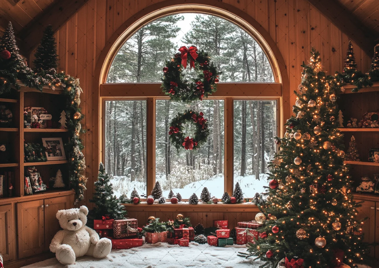Warm Cottage Arched Window Christmas Backdrop Pine Tree Santa Plush Bear Red Bow Garland Color Gift Box Snowy Window Background