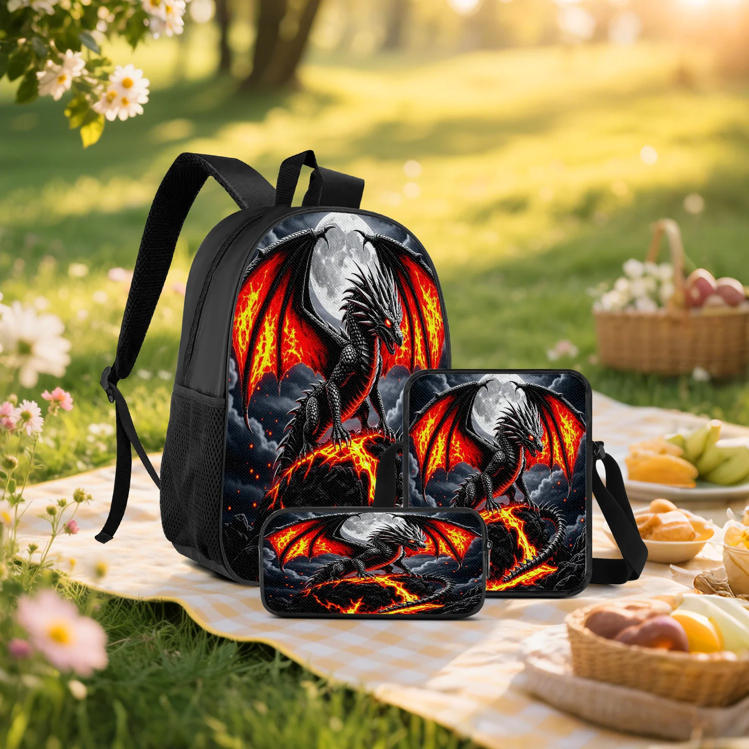 3-Piece Fire Dragon Moon Print Backpack Set, Includes Backpack, Crossbody Bag and Pencil Case, Lightweight Unisex