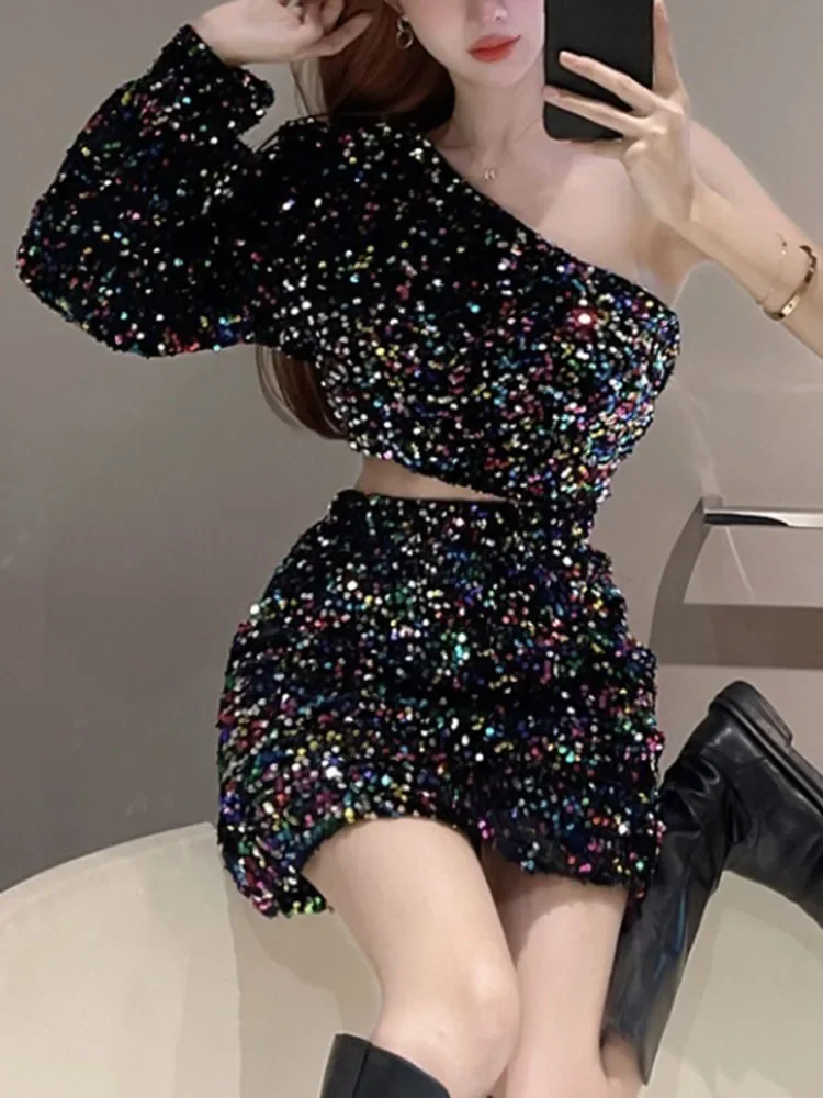 Fall New Product Oblique Collar T-shirt Strapless Unilateral Puff Sleeve Slim Fit Short Sequined Top HK102 Womens Clothing