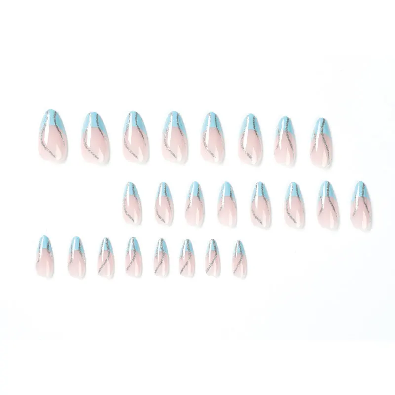 24pcs/box wearable French blue manicure with silver lines and wavy lines to create simple whitening fake nails