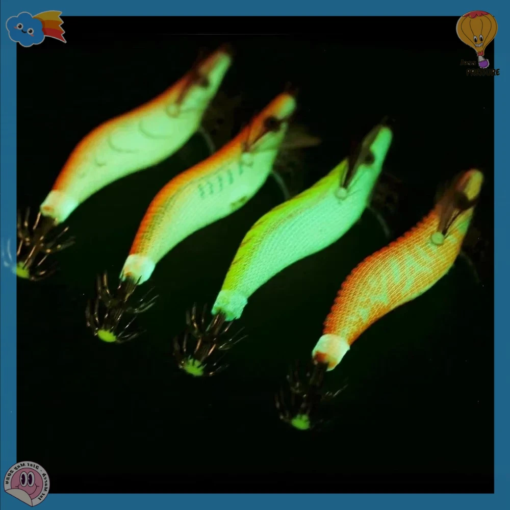 مجموعة مكونة من 4 قطع/صضيب صيد الحبار مع الروبيان الخشبي، طعوم الحبار والخطبوط المتوهجة، طعم صيد الحبار وإكسسوارات صيد الأسماك