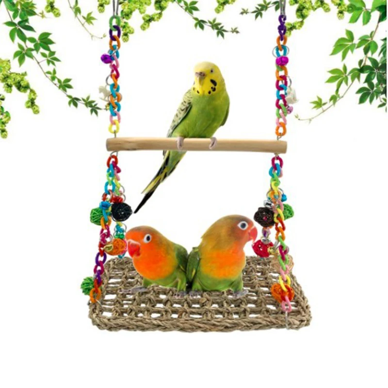 1PCS Parrot Toy Bird Toy Parrot Swing Seagrass Mat Parrot Swing Toy with Wooden Perch for Parakeets Budgie Ladder Swing Supplies