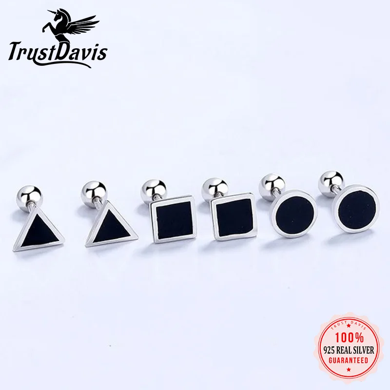 TrustDavis Real 925 Sterling Silver Sweet Black Glaze Round Square Triangle Screw Earring For Women Wedding Fine Jewelry DA2205