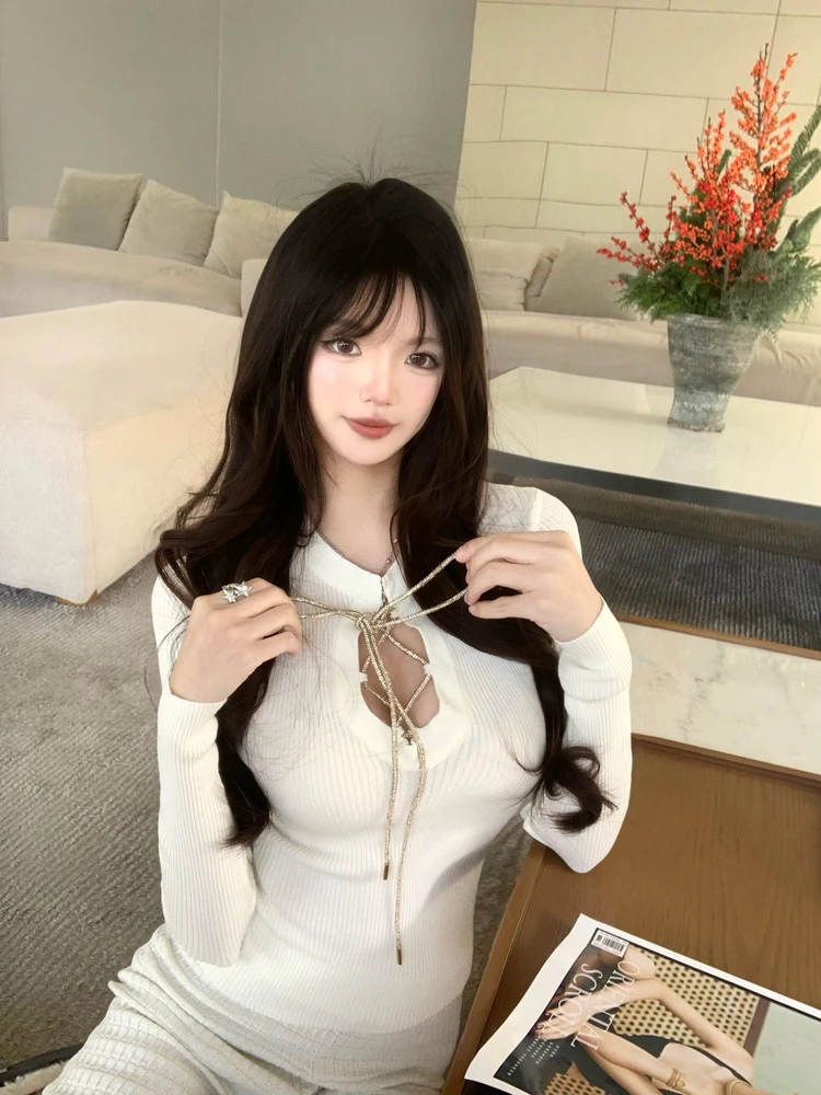 

Вязаный базовый топ M900 для женщин: осенне-зимний дизайн с бантом, элегантный, стройнящий, модный, с длинным рукавом