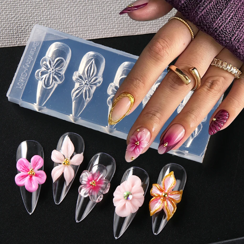 Molde de Silicone para Unhas 3D com Design de Flor de Primavera, Molde para Arte de Unhas com Estêncil de Lírio e Hibisco, Ferramentas de Manicure DIY
